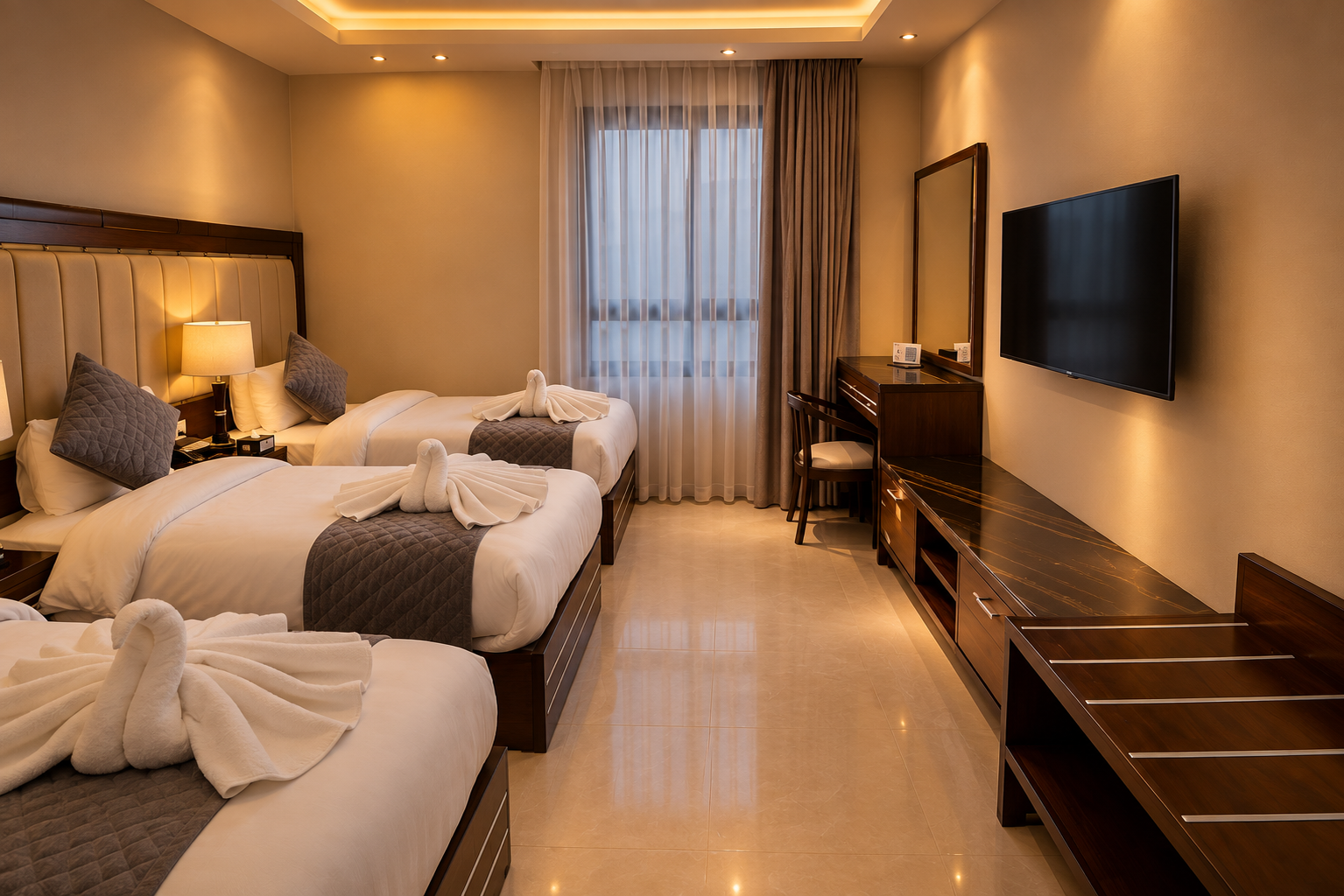 Triple room with three beds and panoramic hill views